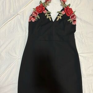 Elegant Black Dress with Red Floral Embroidery